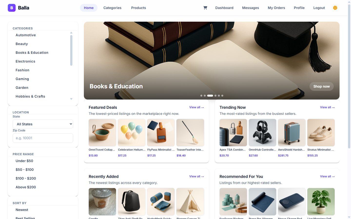 Balla marketplace homepage screenshot: product listings with categories, search, and cart